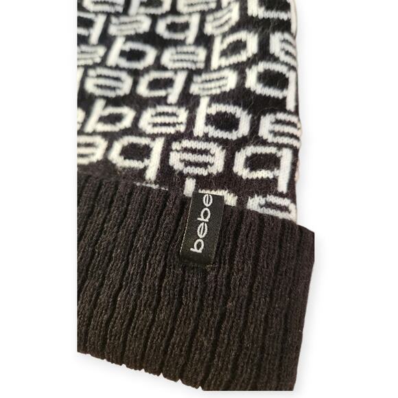Bebe Black White Knit Faux Fur Lined Cuffed Pom Beanie Logo Hat - Picture 3 of 4